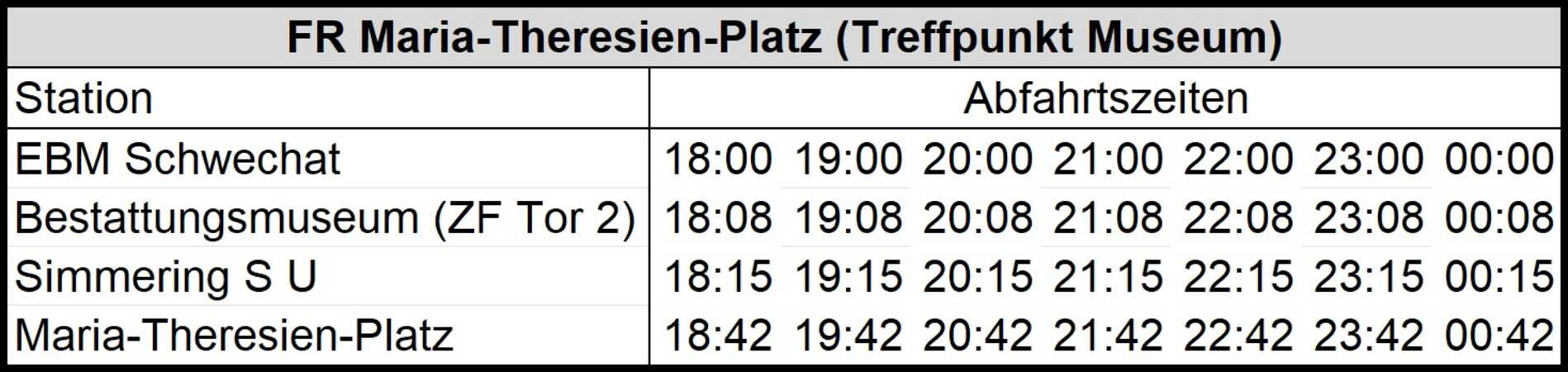 Fahrplan Oldtimerbus-Shuttle Schwechat–Wien, Änderungen vorbehalten!